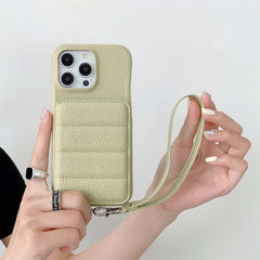 Down Jacket Wallet Card Holder Phone Case with Lanyard for iPhone 12 Series