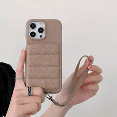 Down Jacket Wallet Card Holder Phone Case with Lanyard for iPhone 15 Series