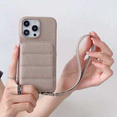 Down Jacket Wallet Card Holder Phone Case with Lanyard for iPhone 15 Series